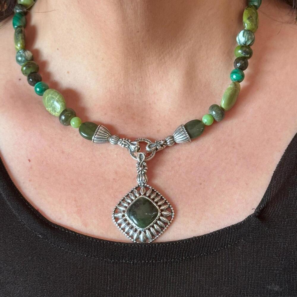 Carolyn Pollack Sterling Serpentine/Malachite Bead Necklace & Link Bracelet Set